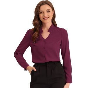 Blouse Button Up Long Sleeve V Neck Chiffon Shirt Purplish Red